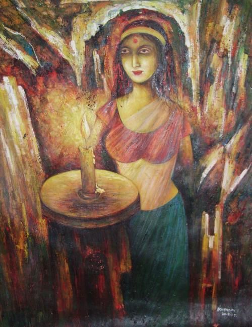 Pintura intitulada "Young girl" por Anil Das, Obras de arte originais