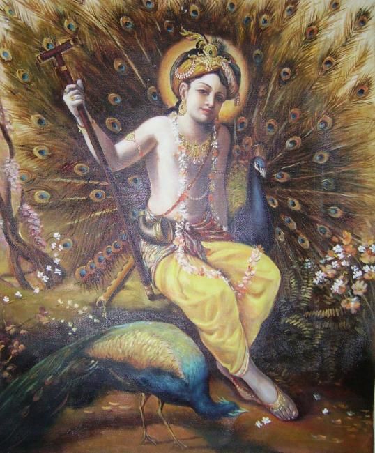 Pintura intitulada "Krishna with Peacock" por Anil Das, Obras de arte originais