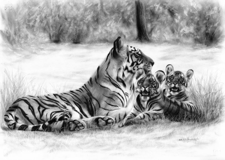 Картина под названием "Bengal Tigers" - Danguole Serstinskaja, Подлинное произведение искусства, Масло