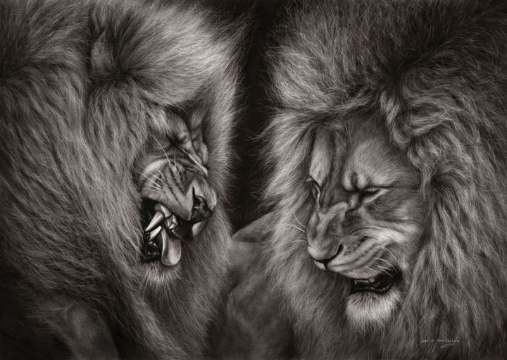 Painting titled "Lion Fight" by Danguole Serstinskaja, Original Artwork, Oil