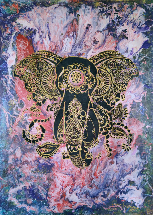 Peinture intitulée "Mandala Elephant" par Danguole Serstinskaja, Œuvre d'art originale, Acrylique