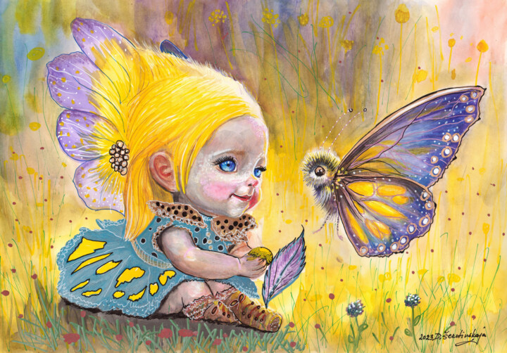 Painting titled "Lemon Fairy" by Danguole Serstinskaja, Original Artwork, Watercolor