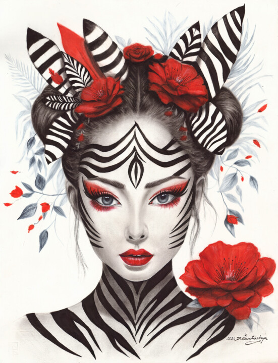 제목이 "Zebra Woman"인 미술작품 Danguole Serstinskaja로, 원작, 기름