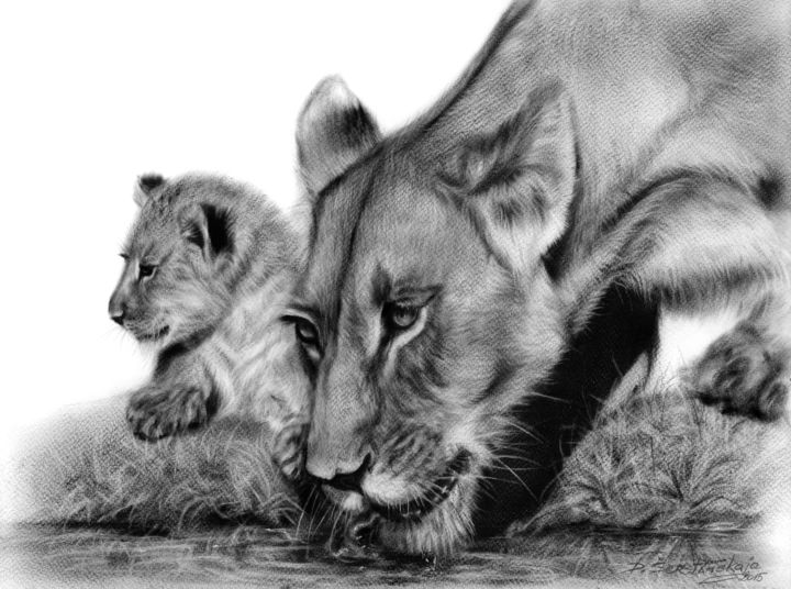 「Lioness and her cub」というタイトルの絵画 Danguole Serstinskajaによって, オリジナルのアートワーク, オイル