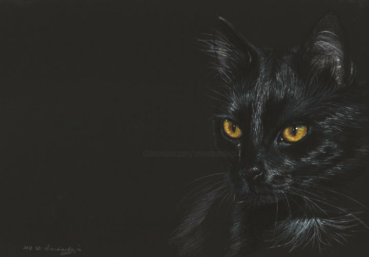 Drawing titled "Black Cat" by Danguole Serstinskaja, Original Artwork, Ballpoint pen