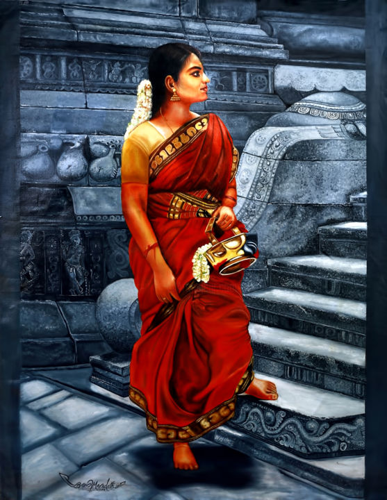 Painting titled "South indian lady a…" by Anilmaradath Maradath, Original Artwork, Oil
