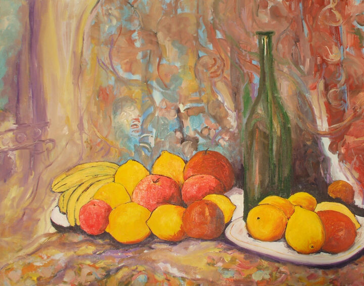 Painting titled "Still Life with Pla…" by Animesh Roy, Original Artwork, Oil