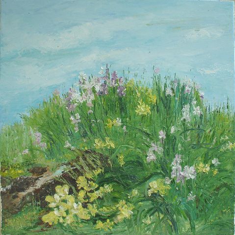 Painting titled "Summer Irises" by Animesh Roy, Original Artwork, Oil
