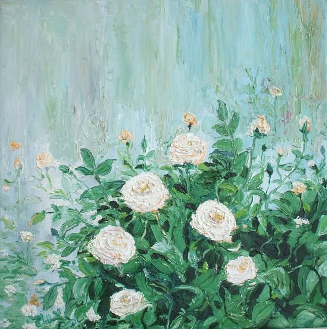 Painting titled "White Roses" by Animesh Roy, Original Artwork, Oil