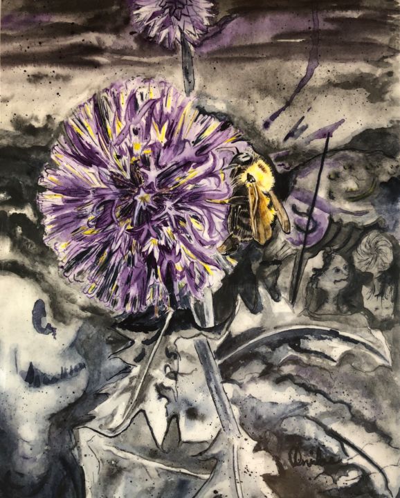 Painting titled "Ou vont les abeille…" by Anirbas, Original Artwork, Watercolor Mounted on Wood Panel