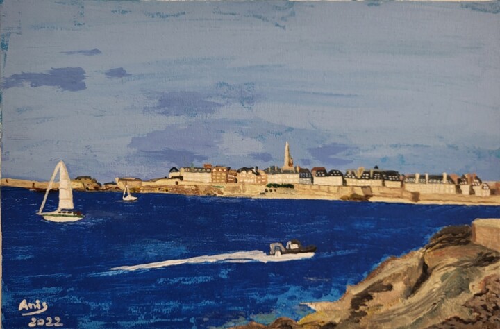 Painting titled "Saint Malo vue de D…" by Anis Mabrouk, Original Artwork, Acrylic Mounted on Wood Stretcher frame