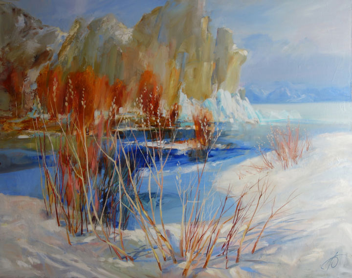 Картина под названием "Baikal. Spring." - Galina Anisimova, Подлинное произведение искусства, Масло Установлен на Деревянная…