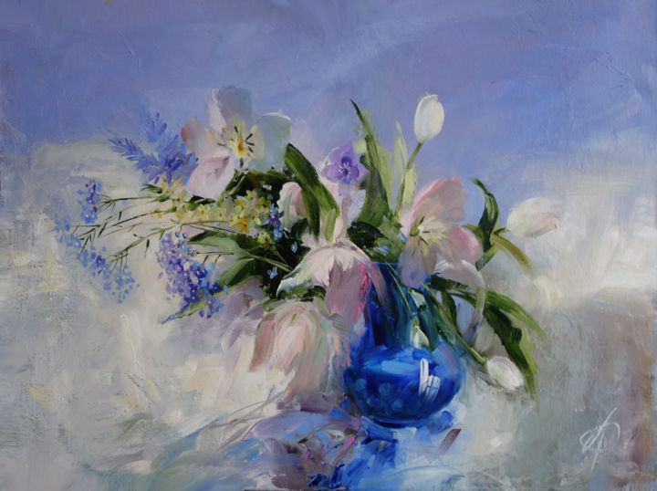 Peinture intitulée "Flowers in a cobalt…" par Galina Anisimova, Œuvre d'art originale, Huile Monté sur Châssis en bois