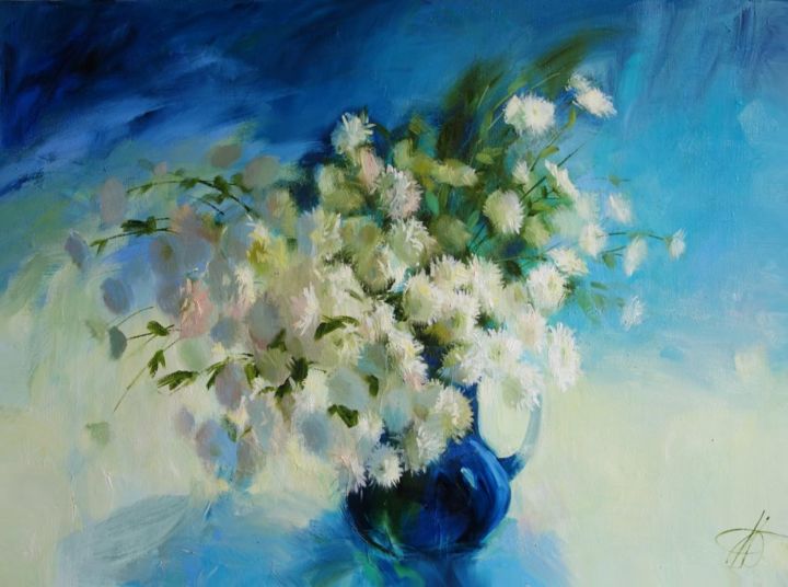 Painting titled "Chrysanthemums in c…" by Galina Anisimova, Original Artwork, Oil