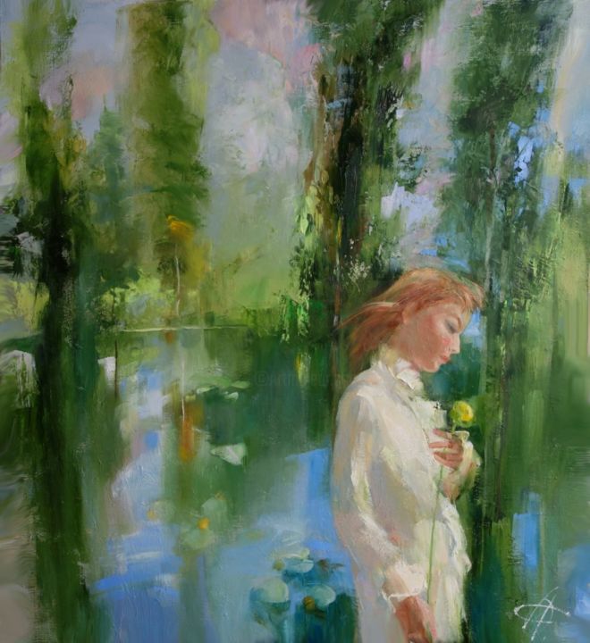 Painting titled "At a lake" by Galina Anisimova, Original Artwork, Oil Mounted on Wood Stretcher frame