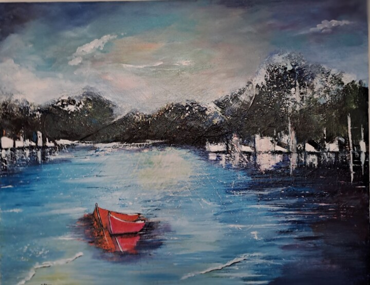 Painting titled "Autre vue du lac" by Anita Altomare Moronval, Original Artwork, Oil