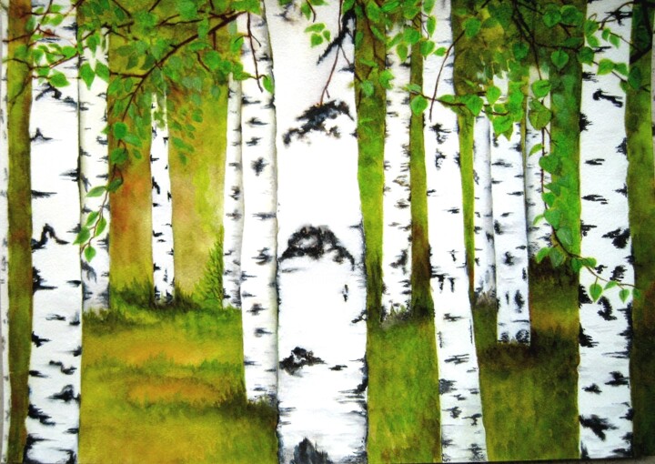 Painting titled "Birkenwald / birch…" by Anita Burnaz, Original Artwork, Tempera