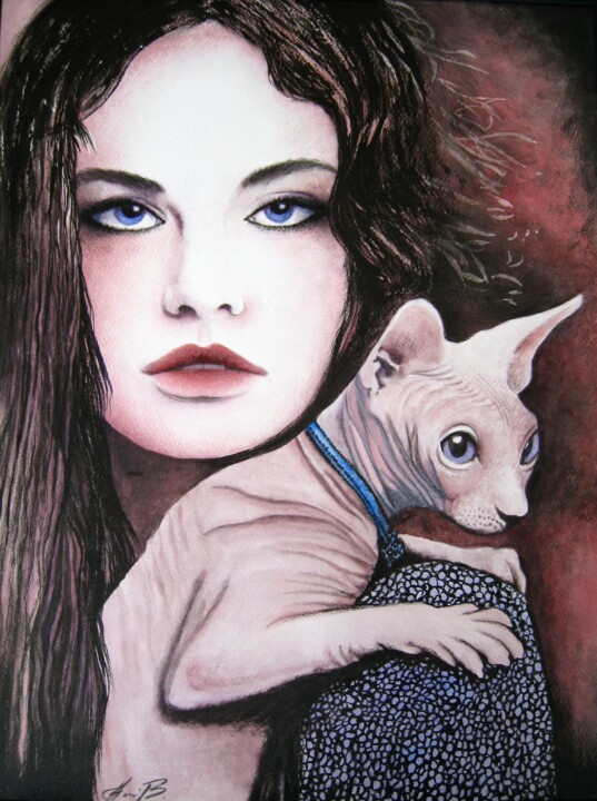 Pintura intitulada "Frau mit Sphynx Kat…" por Anita Burnaz, Obras de arte originais, Têmpera