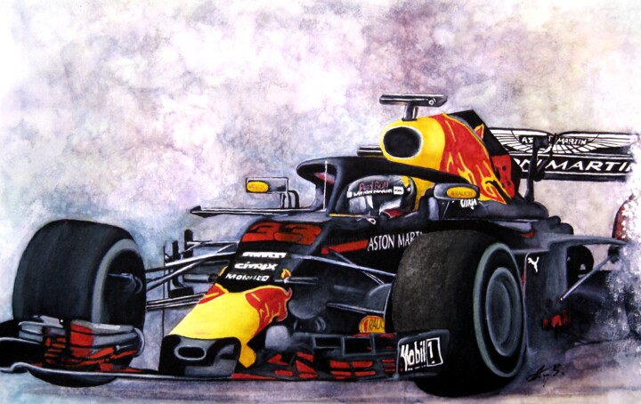 Painting titled "Formel 1, Red Bull" by Anita Burnaz, Original Artwork, Watercolor