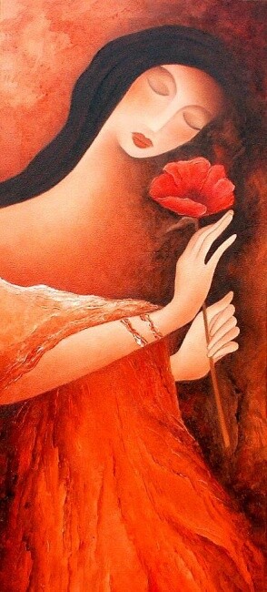 Painting titled "woman with a poppy" by Anita Burnaz, Original Artwork