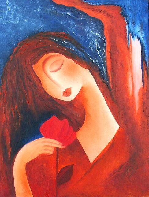 Malerei mit dem Titel "woman with a flower" von Anita Burnaz, Original-Kunstwerk