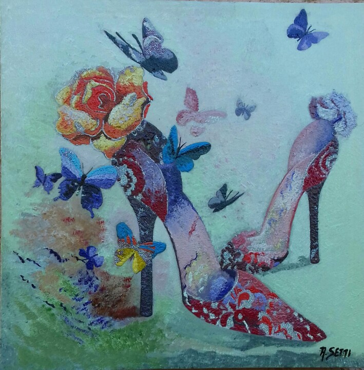 Pintura titulada "Les chaussures rouge" por Anita Setti, Obra de arte original, Acrílico Montado en Bastidor de camilla de m…