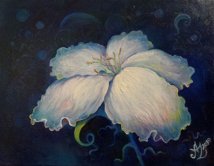 Painting titled "White Flower" by Anita Zotkina, Original Artwork, Oil