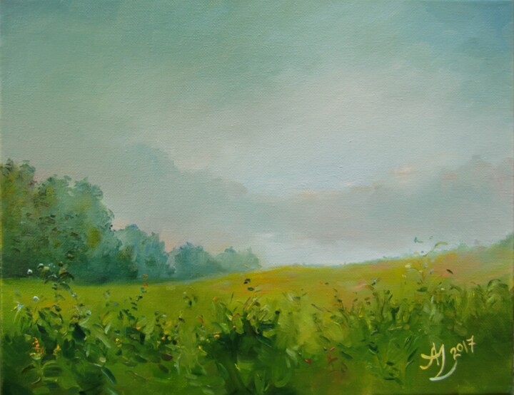 Painting titled "Field and Clouds" by Anita Zotkina, Original Artwork, Oil