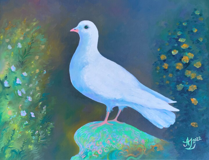 Painting titled "White Dove" by Anita Zotkina, Original Artwork, Oil