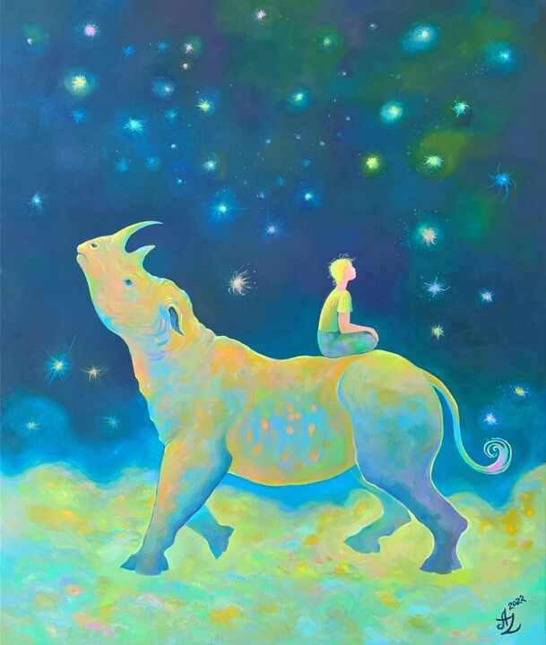 Schilderij getiteld "Rhino Friend" door Anita Zotkina, Origineel Kunstwerk, Olie