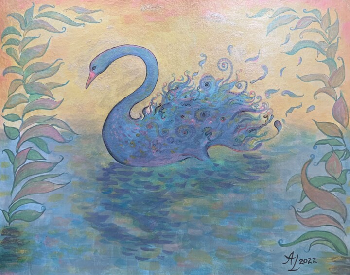 Desenho intitulada "Blue Swan" por Anita Zotkina, Obras de arte originais, Aquarela