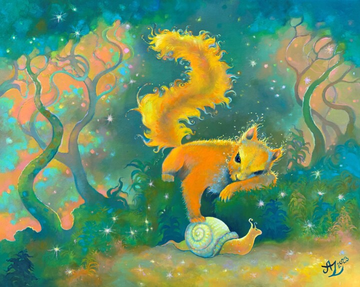 Painting titled "Squirrel and Snail" by Anita Zotkina, Original Artwork, Oil