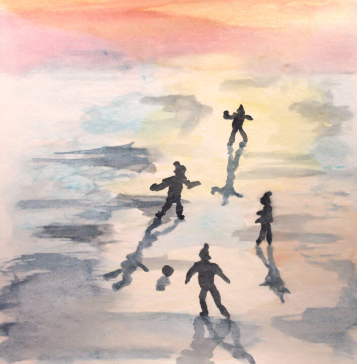 Картина под названием "Kids and sunset foo…" - Anna Zorina, Подлинное произведение искусства, Акварель
