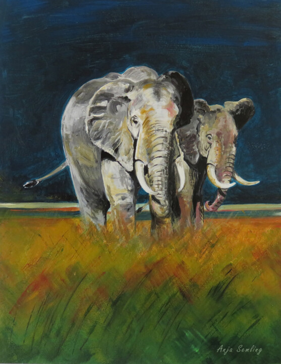 Malerei mit dem Titel "Zwei Elefantenbulle…" von Anja Semling, Original-Kunstwerk, Acryl