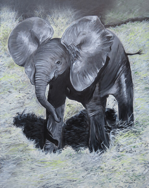 Schilderij getiteld "Elefantenwaise im H…" door Anja Semling, Origineel Kunstwerk, Acryl Gemonteerd op Frame voor houten bra…