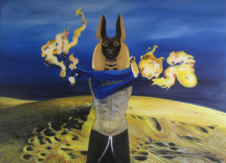 Painting titled "Anubis" by Anja Semling, Original Artwork, Acrylic Mounted on Wood Stretcher frame