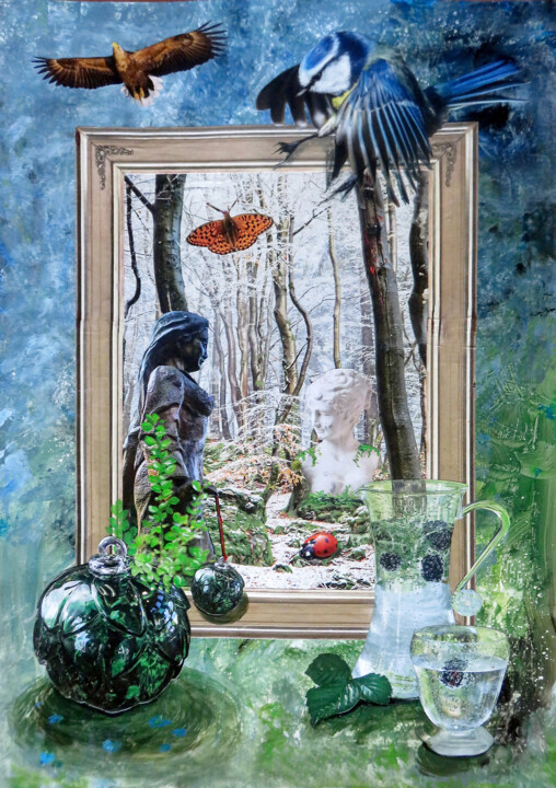 Collagen mit dem Titel "Frau Holle im Wald" von Anja Semling, Original-Kunstwerk, Collagen Auf Andere starre Platte montiert