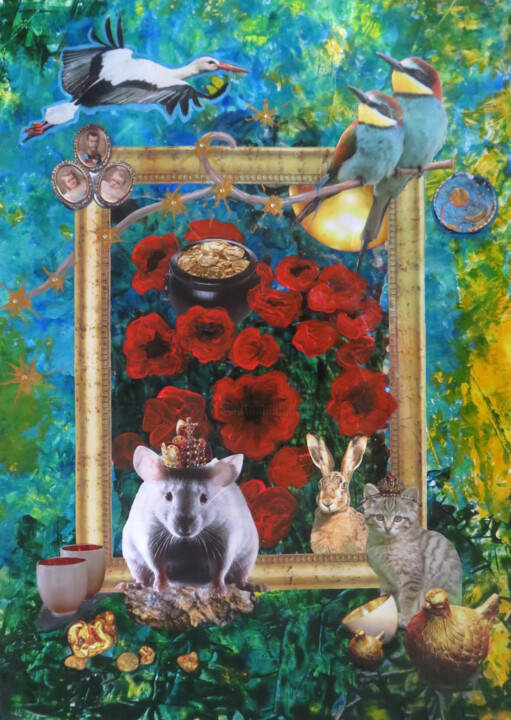 Collagen mit dem Titel "Der Rattenkönig" von Anja Semling, Original-Kunstwerk, Collagen Auf Andere starre Platte montiert
