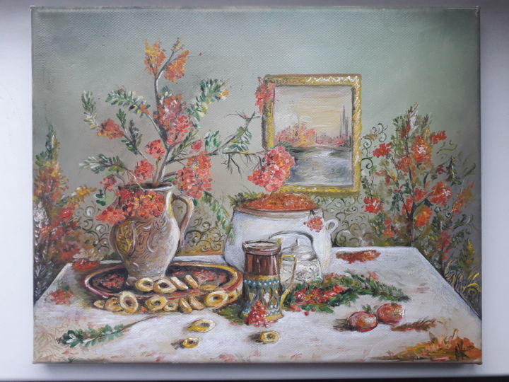 Картина под названием "Autumn tea time" - Андрей Кирюшкин, Подлинное произведение искусства, Масло Установлен на Подрамник