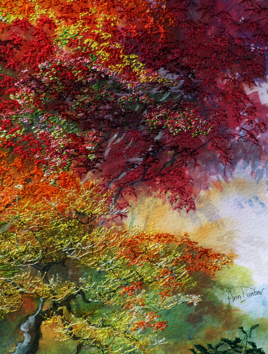 Pintura titulada "Fiery Foliage" por Ann Dunbar, Obra de arte original, Bordado Montado en Cartulina