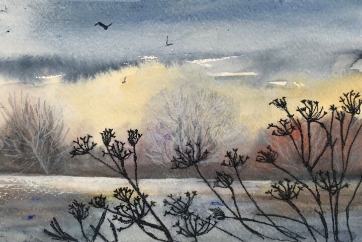 Painting titled "Bare-bones of Winter" by Ann Dunbar, Original Artwork, Watercolor