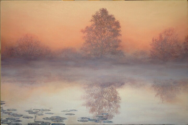 Painting titled "Sunrise" by Anna Agasieva, Original Artwork, Oil Mounted on Wood Stretcher frame