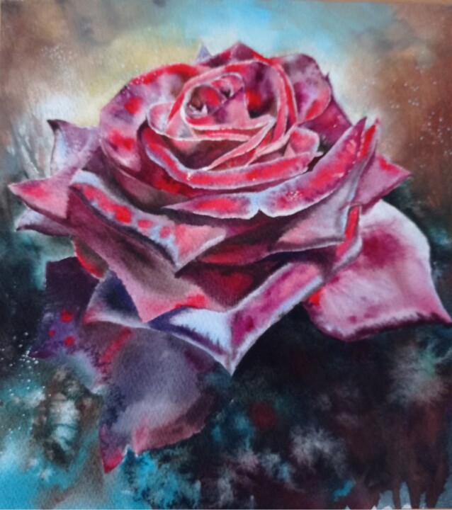 Painting titled "Red rose" by Anna Ageeva, Original Artwork, Watercolor