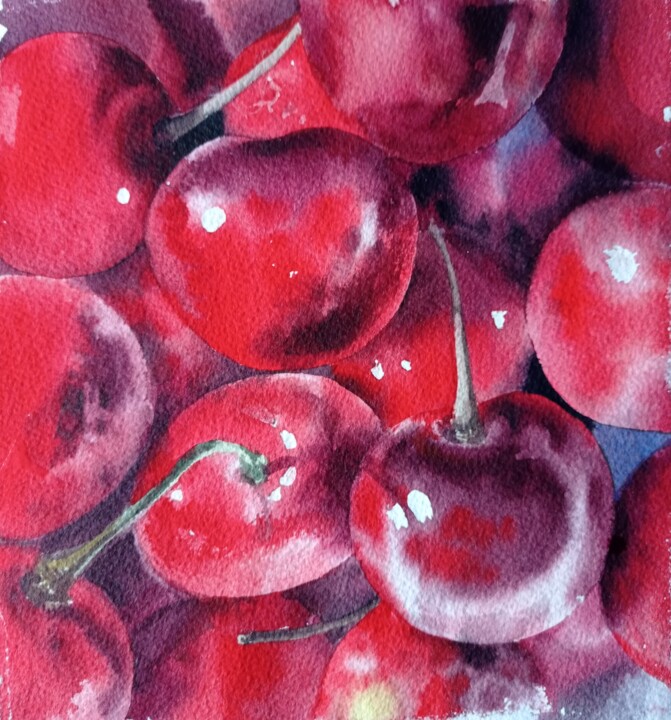 Painting titled "Lots of red berries" by Anna Ageeva, Original Artwork, Watercolor