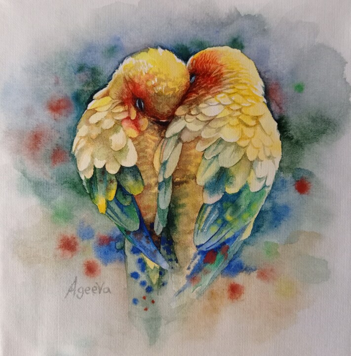 Painting titled "The parrots hug." by Anna Ageeva, Original Artwork, Watercolor