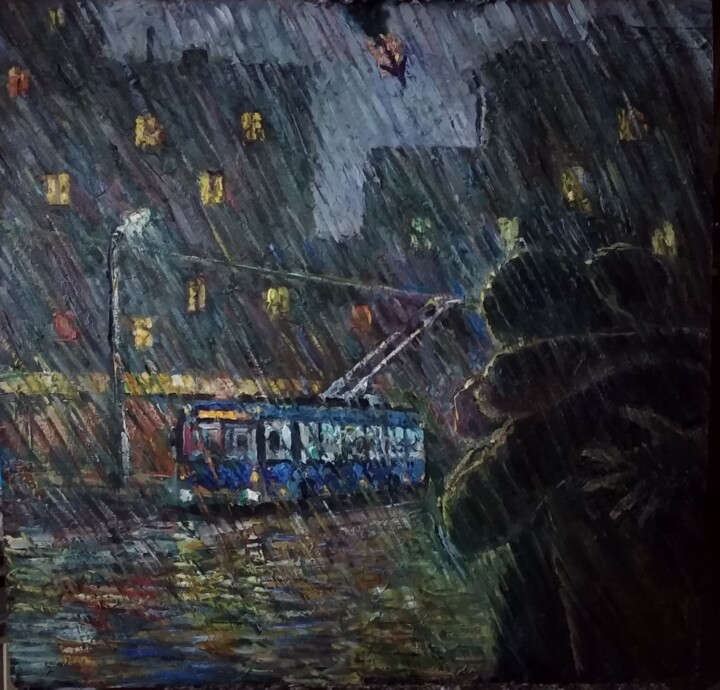 Pittura intitolato "Ночной дождь" da Anna Iaguzhinskaia, Opera d'arte originale, Olio