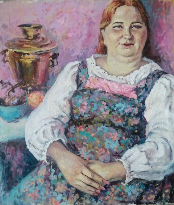 Painting titled "At the samovar" by Anna Andreuts, Original Artwork, Oil