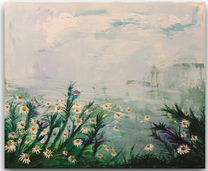 Malerei mit dem Titel "Pond with flowers" von Anna Artworks, Original-Kunstwerk, Acryl