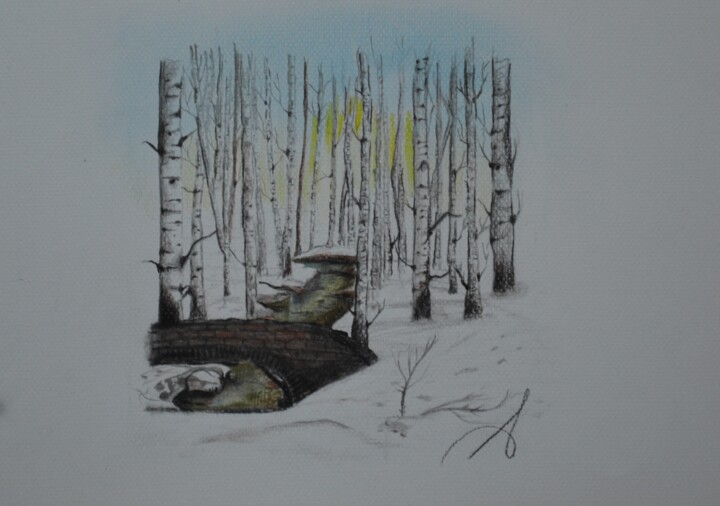 Pittura intitolato "Birches in the snow" da Anna Artworks, Opera d'arte originale, Matite colorate