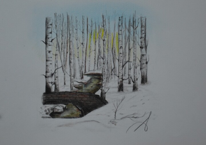 Malerei mit dem Titel "Birches in the snow" von Anna Artworks, Original-Kunstwerk, Conté-Buntstifte